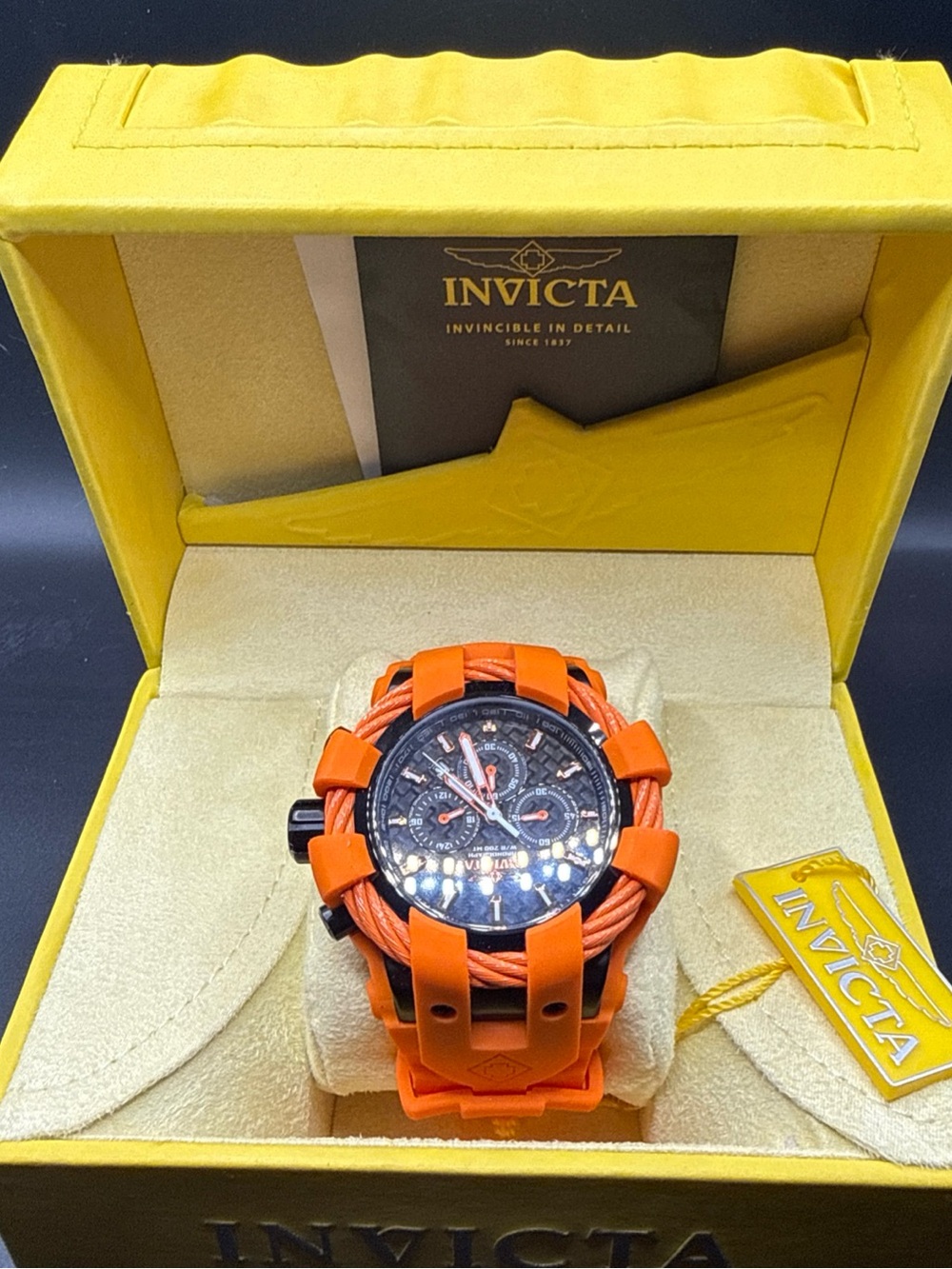 Invicta Bolt 23872 Sport mens watch Black Carbon Fiber Orange Quartz New Battery